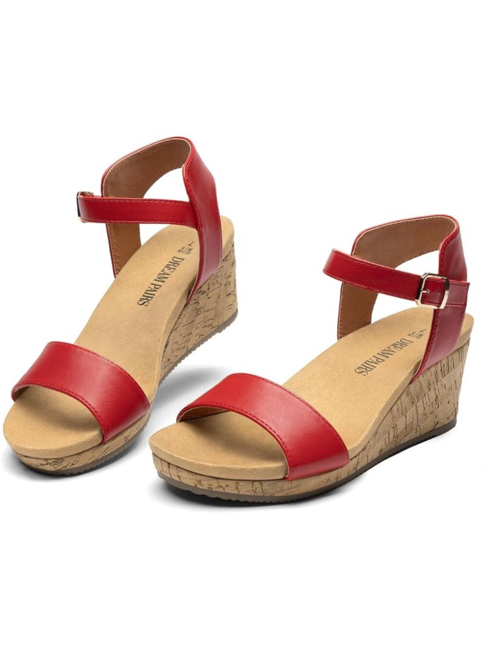 Women's Wedge Sandals Cork Red Open Toe Ankle Strap Buckle Dressy Summer Shoes